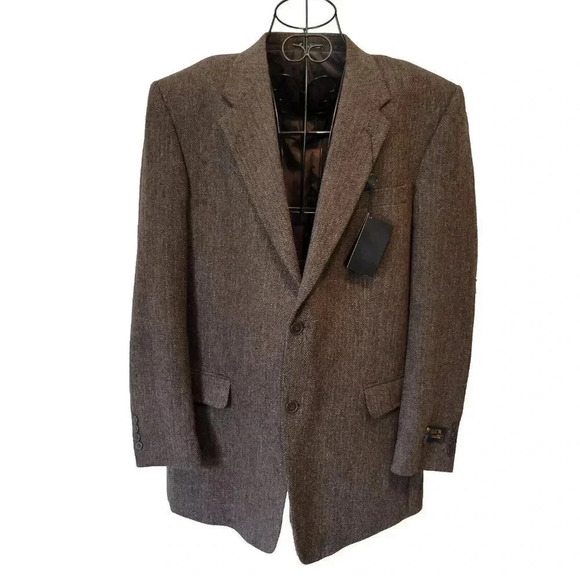 Monsieur Adolfo Blazer 44L NWT Men's Brown Herringbone 100% Wool 2-Button - Picture 1 of 4